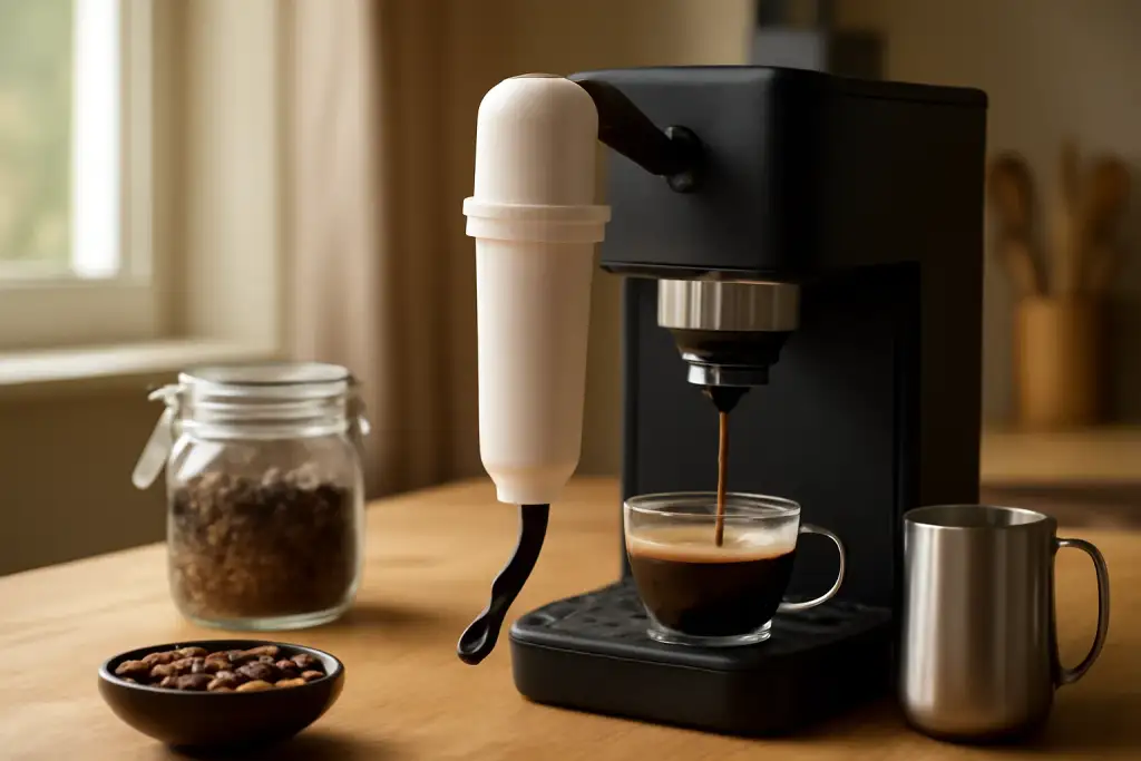 Editorial photograph related to water filter for espresso machine