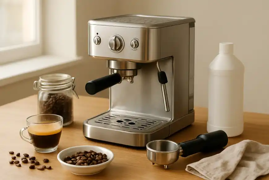 Editorial photograph related to cleaning and descaling espresso machine