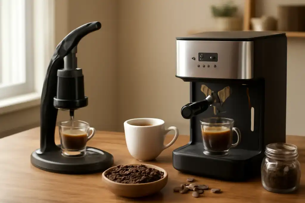 Editorial photograph related to manual vs automatic espresso machine