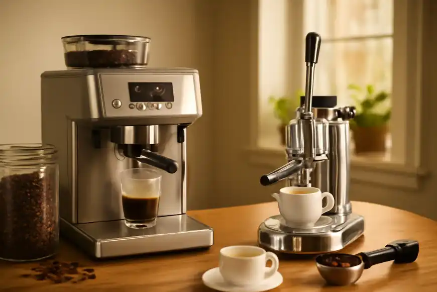 Editorial photograph related to super-automatic vs manual espresso machine