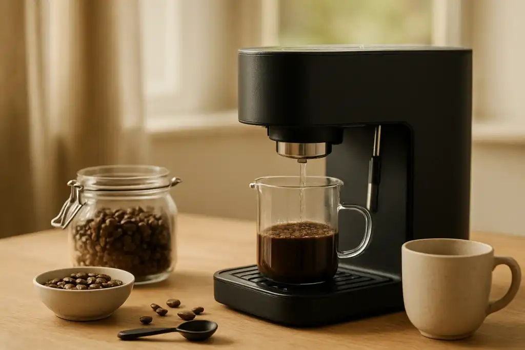 Editorial photograph related to water for espresso at home